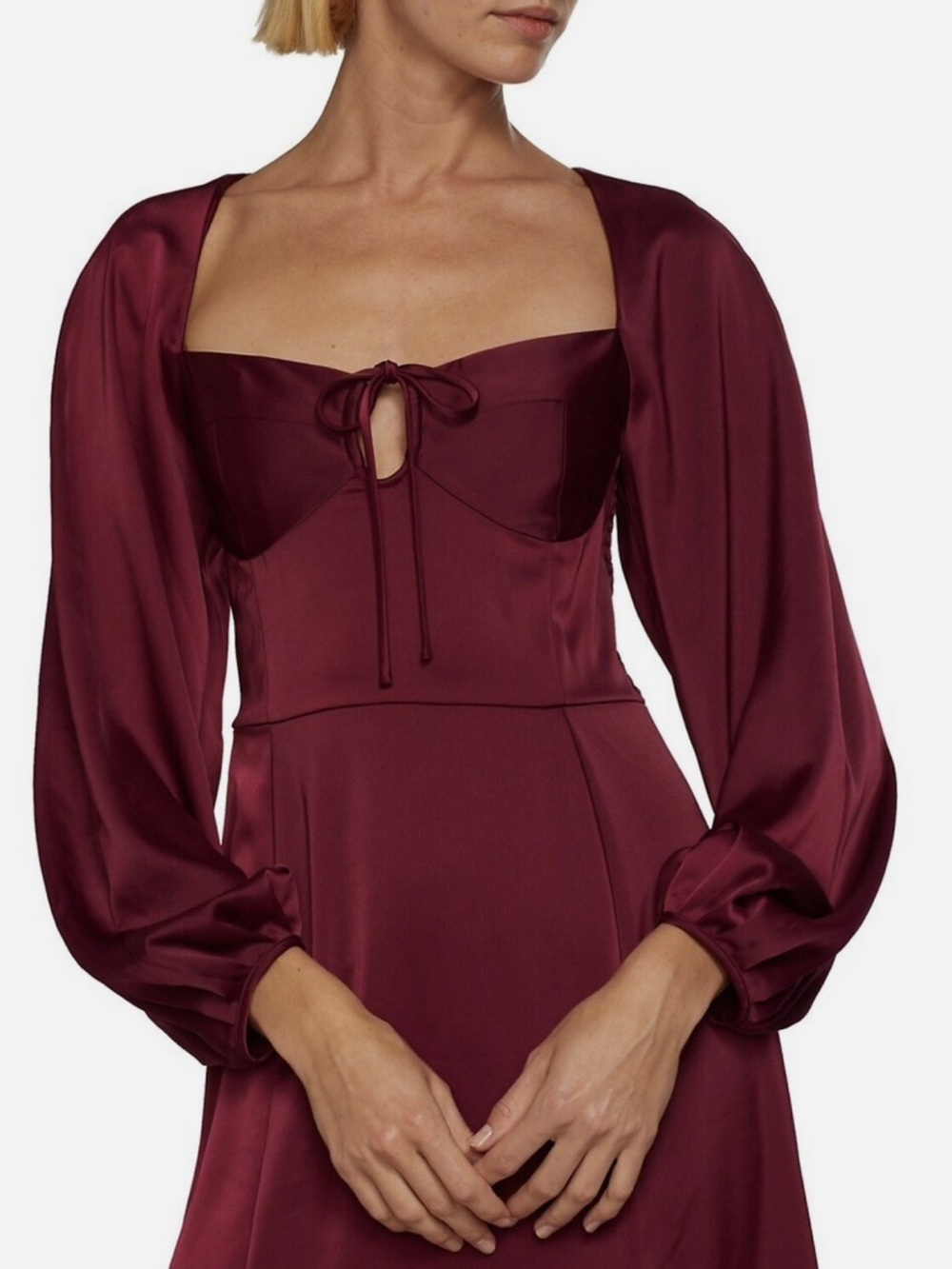 Wayf Burgundy Satin Shirred Bodice Dress
